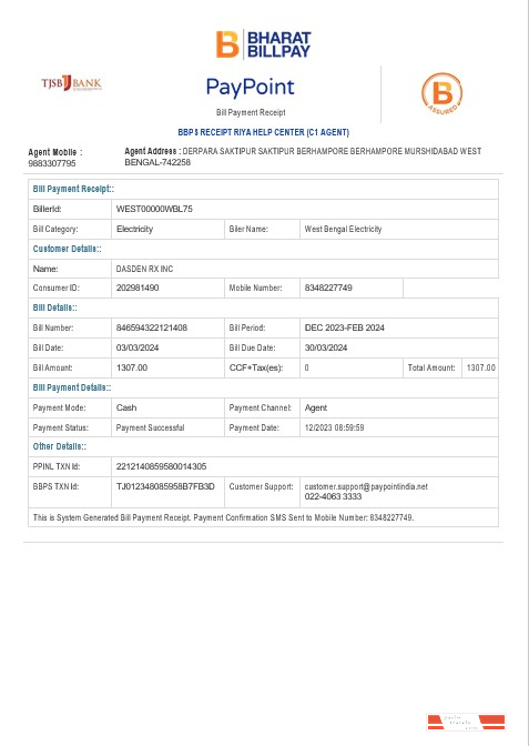 INDIA WEST BENGAL ELECTRICITY business utility bill Word and PDF template PSD template